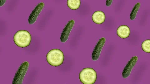 Colorful pattern of fresh cucumbers. Top view. Seamless pattern with cucumber Stock Footage 167486865