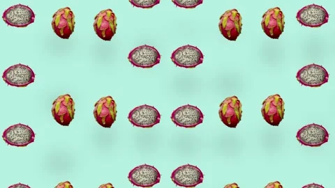 Colorful pattern of fresh dragon fruit. Top view. Seamless pattern with dragon Stock Footage 167484629