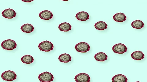 Colorful pattern of fresh dragon fruit. Top view. Seamless pattern with dragon Stock Footage 167487130