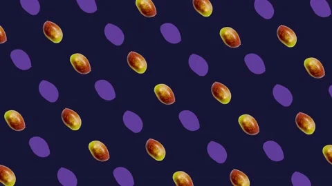 Colorful pattern of fresh mango on violet background. Top view. Seamless pattern Stock Footage 167484780