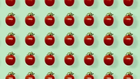 Colorful pattern of fresh red tomatoes. Seamless pattern with cherry tomato. Pop Stock Footage 167486822