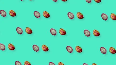 Colorful pattern of fresh rotating dragon fruit. Seamless pattern with dragon Stock Footage 167484260