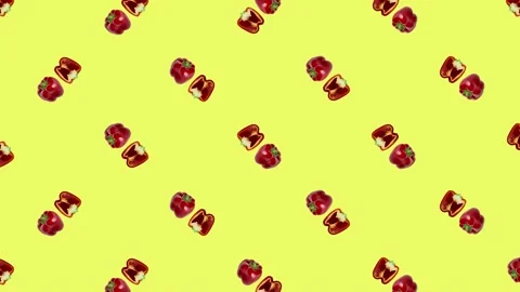 Colorful pattern of fresh rotating paprika on yellow background. Top view Stock Footage 167488848