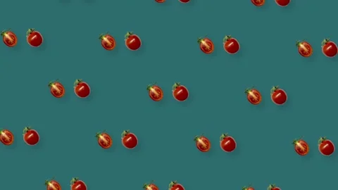 Colorful pattern of fresh rotating red tomatoes. Seamless pattern with cherry Stock Footage 167484228