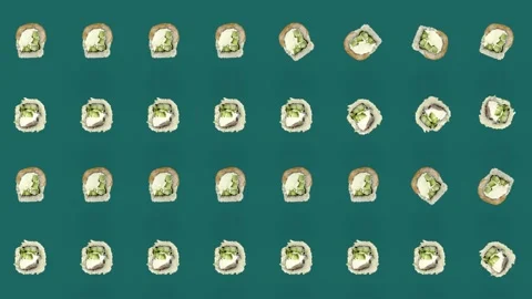 Colorful pattern of japanese sushi rolls on green background. Seamless pattern Video stock 167477553
