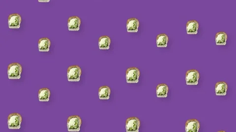 Colorful pattern of japanese sushi rolls on violet background. Seamless pattern Stock Footage 167486447