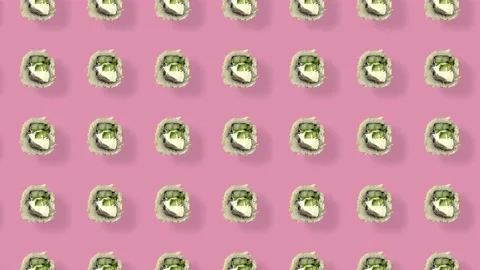Colorful pattern of japanese sushi rolls on pink background with shadows Stock Footage 167487541