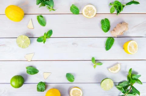 Colorful pattern of mint, lime, lemon,ginger slices. . Limes and Lemons slice Stock Photos