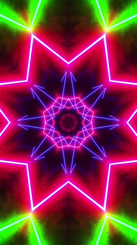 Colorful pattern with neon lights in the middle of it. Kaleidoscope VJ loop Stock Footage 314542425