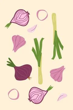 Colorful pattern of onions and leeks on beige background Stock Illustration