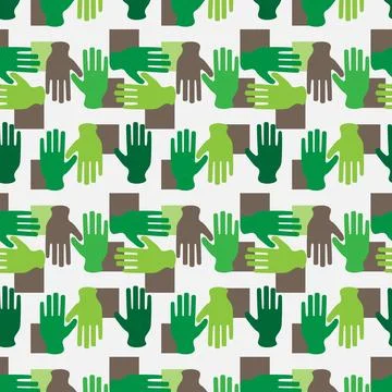 Colorful pattern of overlapping green hands on geometric background Illustrazione stock