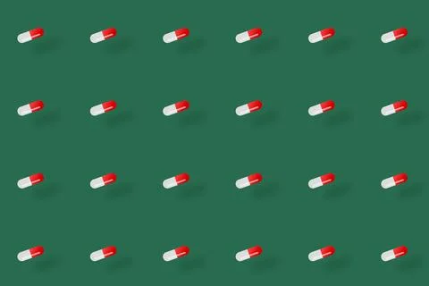 Colorful pattern of pills on green background with shadows. Seamless pattern 스톡 일러스트