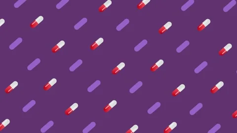 Colorful pattern of pills on violet background. Seamless pattern with capsules Stock Footage 169240199