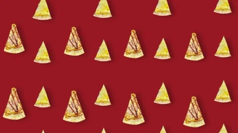 Colorful pattern of pizza isolated on red background. Seamless pattern with Stock Footage 167478006