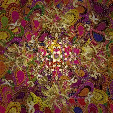 Colorful pattern. Seamless Flat design with abstract doodles on yellow, purple a Illustrazione stock