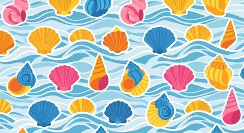 A colorful pattern of seashells on wavy water イラスト素材