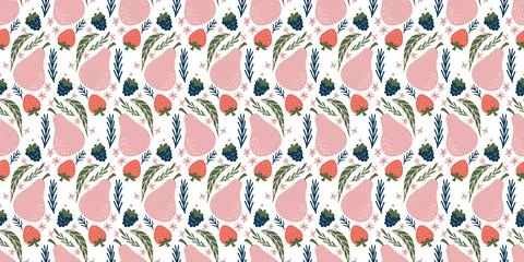 Colorful pattern Summer Fruit Pattern with Pears, Berries, Leaves, and floral Stock Illustration