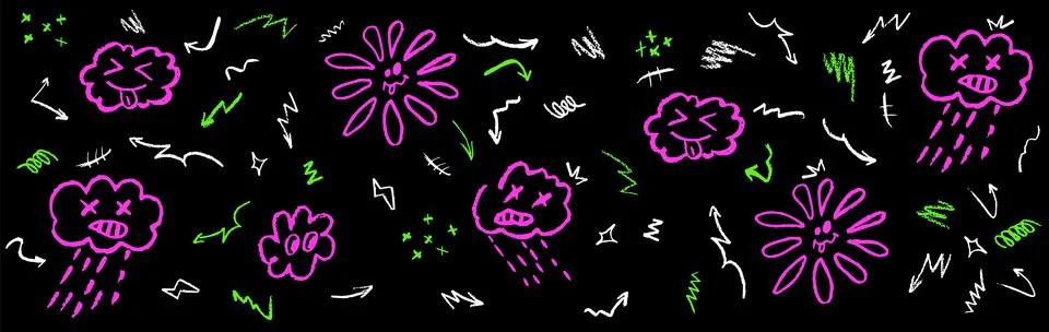 Colorful pattern with wax crayon drawing rainy cloud, stick out tongue cloud 스톡 일러스트