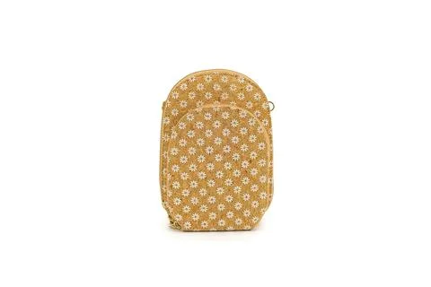 Colorful patterned cork handbag captured on crisp white background. Stock-Fotos