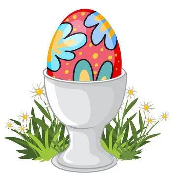 Colorful Patterned Easter Egg in a White Ceramic Egg Cup イラスト素材