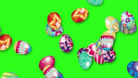 Colorful Patterned Easter Eggs Bursting and Falling on Green Screen Stock Footage 346207715