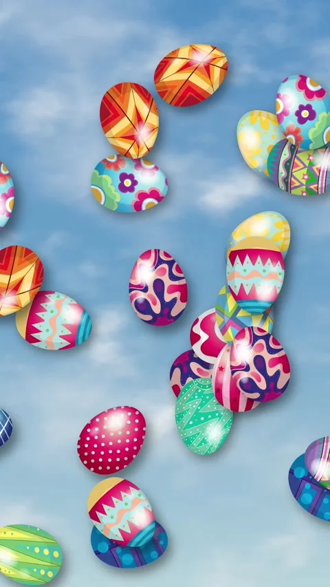 Colorful Patterned Easter Eggs Falling Through Blue Sky with Clouds Stock Footage 344616974