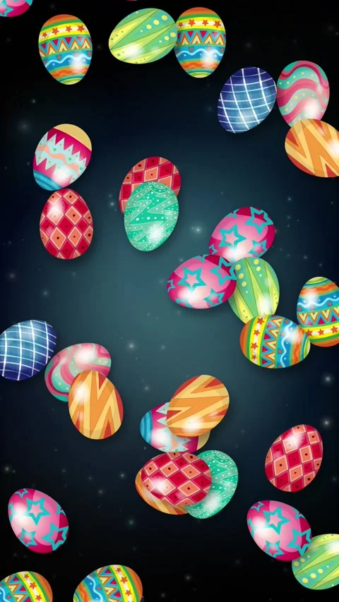 Colorful Patterned Easter Eggs Falling Over Dark Glowing Background Stock Footage 344622189