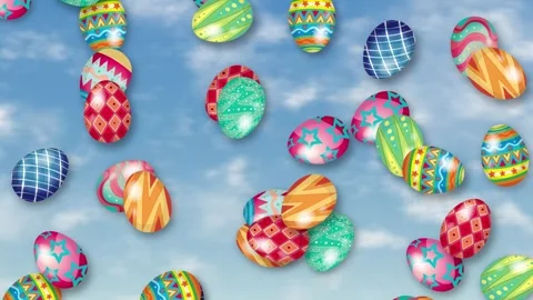 Colorful Patterned Easter Eggs Falling Against a Blue Sky Background Stock Footage 344831544