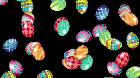 Colorful Patterned Easter Eggs Falling Against a Solid Black Background Stock Footage 345117579