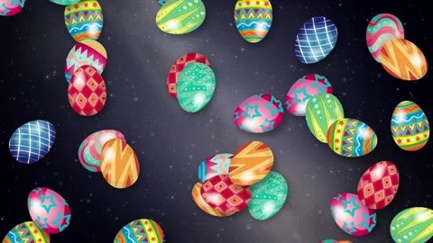 Colorful Patterned Easter Eggs Falling Over a Dark Starry Background Stock Footage 345120213