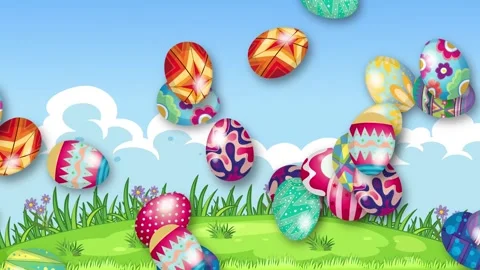 Colorful Patterned Easter Eggs Falling on Green Meadow Animation Stock Footage 345300560