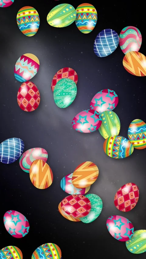 Colorful Patterned Easter Eggs Falling Over Dark Starry Night Background Stock Footage 345704682
