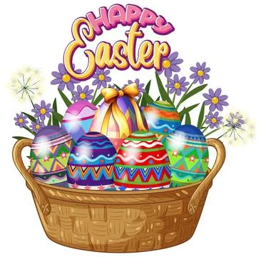 Colorful Patterned Easter Eggs in a Woven Basket with Spring Flowers Stock Illustration