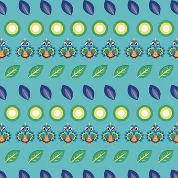 Colorful Peacock and Leaf Pattern on Teal Background Stock Illustration