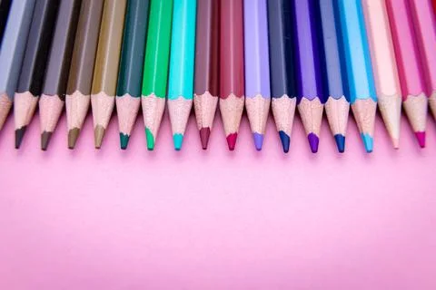 Colorful pencil set on pink background Stock Photos