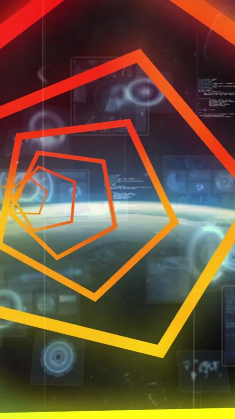 Colorful pentagons animation over digital data screens and Earth from space 스톡 동영상 344803494