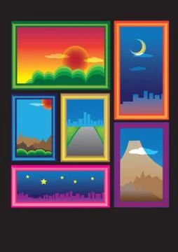 Colorful picture frames on wall Vector Illustration Stock Illustration