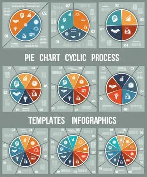 Colorful Pie chart for cyclic process templates infographics. Templates 2, 3, Stock Illustration