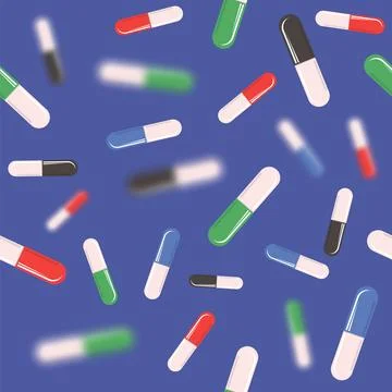 Colorful Pills Blisters Seamless Pattern Isolated on Blue Background Stock Illustration