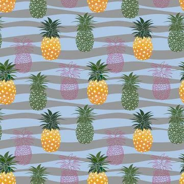 Colorful pineapple seamless pattern on pastel waves background,for fashion,fa Illustrazione stock