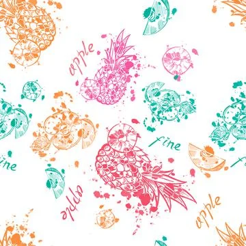 Colorful pineapples seamless pattern with rainbow fruits and color splashes.  イラスト素材