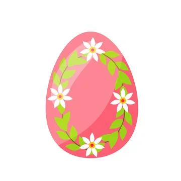 Colorful pink Easter egg, with green leaves, and flowers. hand drawn. vector Stock Illustration