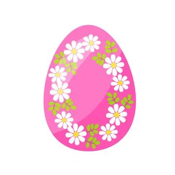 Colorful pink Easter egg, with green leaves, and flowers. hand drawn. vector. Stock Illustration