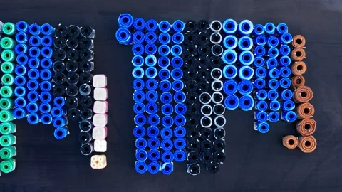 Colorful pipe coils create geometric logistics pattern across modern Stock Footage 340597183