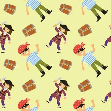 Colorful pirate pattern with cartoon characters and treasure chests Stock Illustration