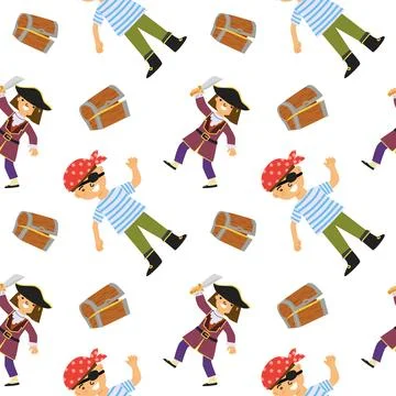 Colorful pirate pattern featuring treasure chests and cartoon characters in Stock Illustration