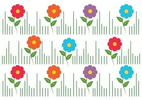 Colorful pixel art flowers in a pattern on a white background Stock Illustration