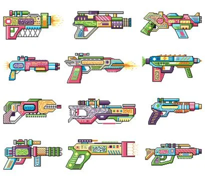 Colorful pixel art sci-fi weapon set, futuristic laser guns and retro space.. Illustrazione stock