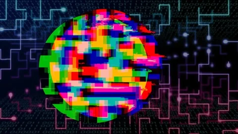 Colorful pixel circle reacting to sync pulse, shifting blocks and pulsing to Stock Footage 334337691