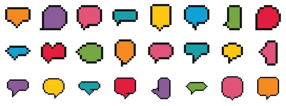 Colorful pixelated speech bubbles for retro gaming and digital communication Illustration
